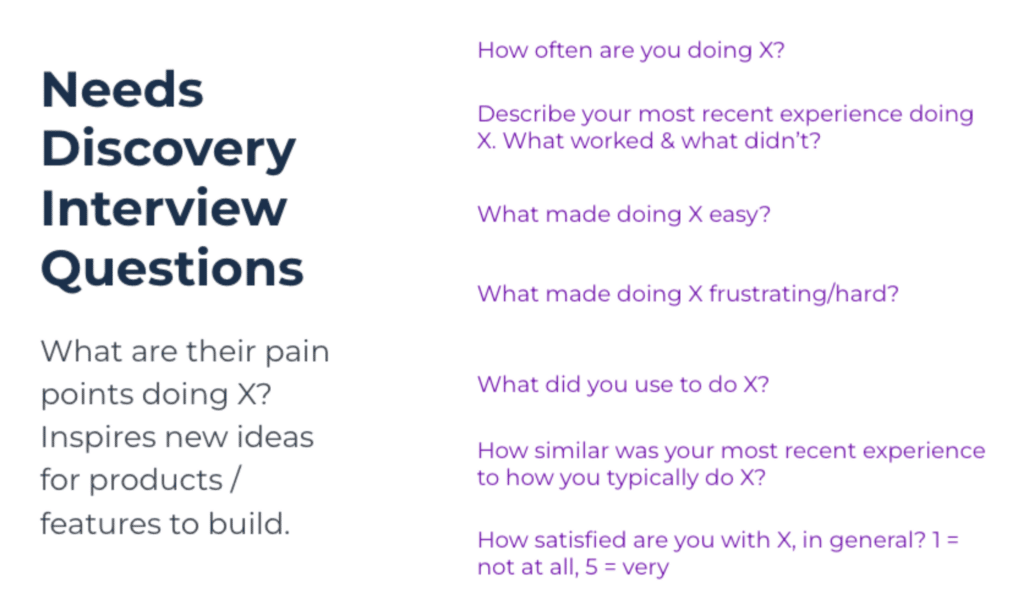 Here are the needs discovery questions. You're looking to understand customer pain points and inspire your own thinking. The questions are:
How often are you doing X?
Describe your most recent experience doing that. What worked and didn't?
What made doing it easy?
What made doing it hard?
What did you use to do it?
How similar was your most recent experience to the typical way you do it?
How satisfied are you with this process in general? Use a rating scale.