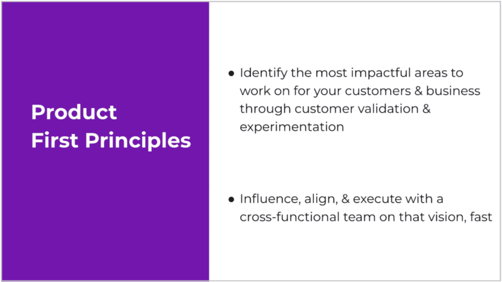 The two principles are:
1. Identify the most impactful areas to work on through customer validation and experimentation, and
2. Influence, align, and execute on that vision fast