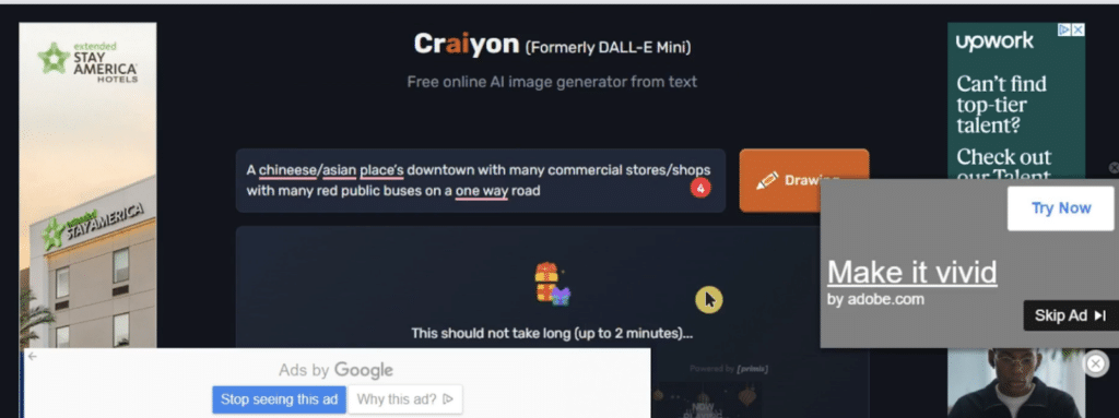 In this screen shot, an ad overlsps the main drawing button in Craiyon.