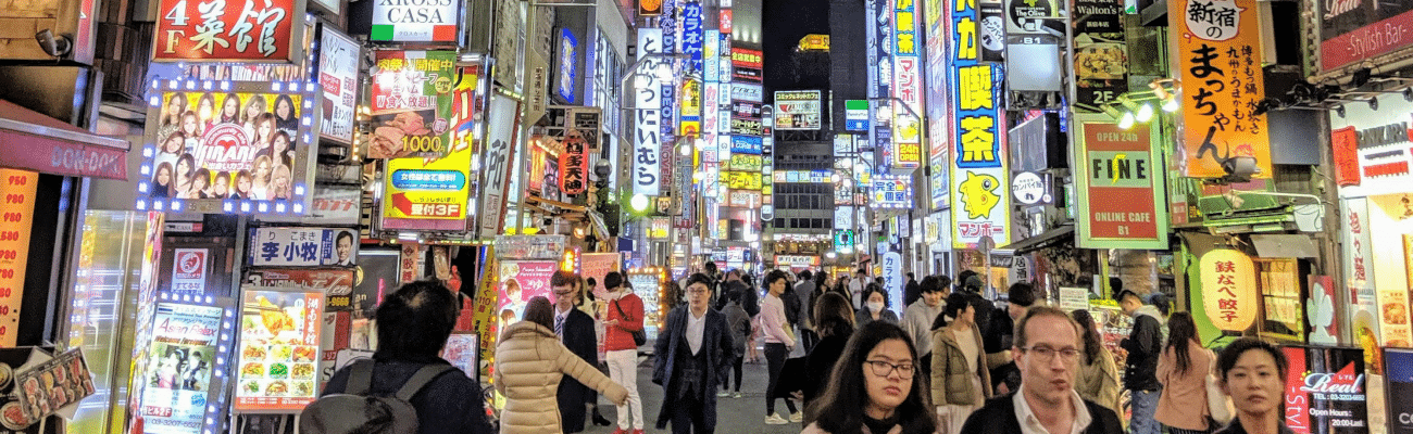 An image of a Tokyo street at night, where the packed crowds of people are outnumbered only by the signs layered above them on every building